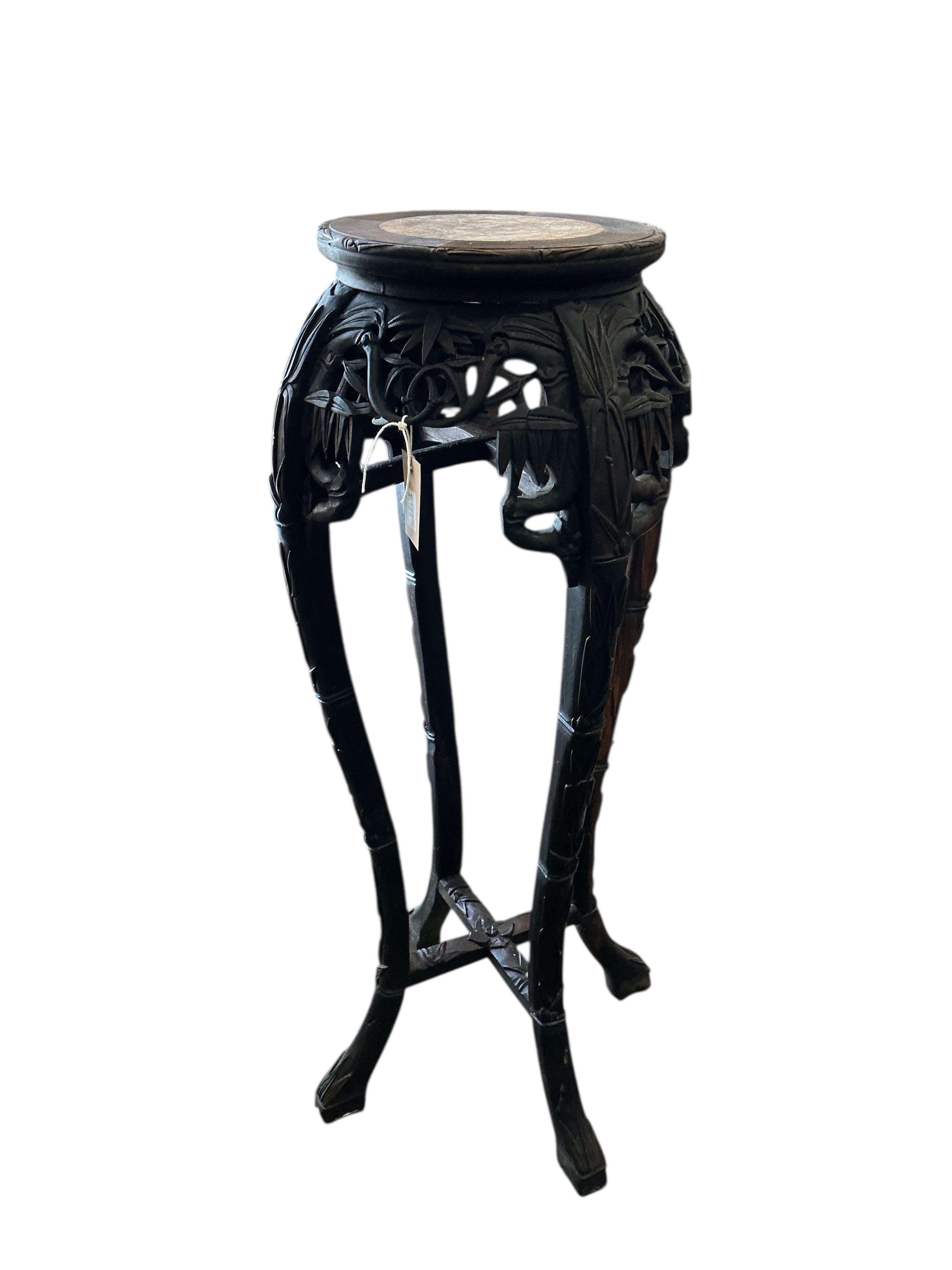 A Chinese carved hardwood marble top vase stand, height 92cm